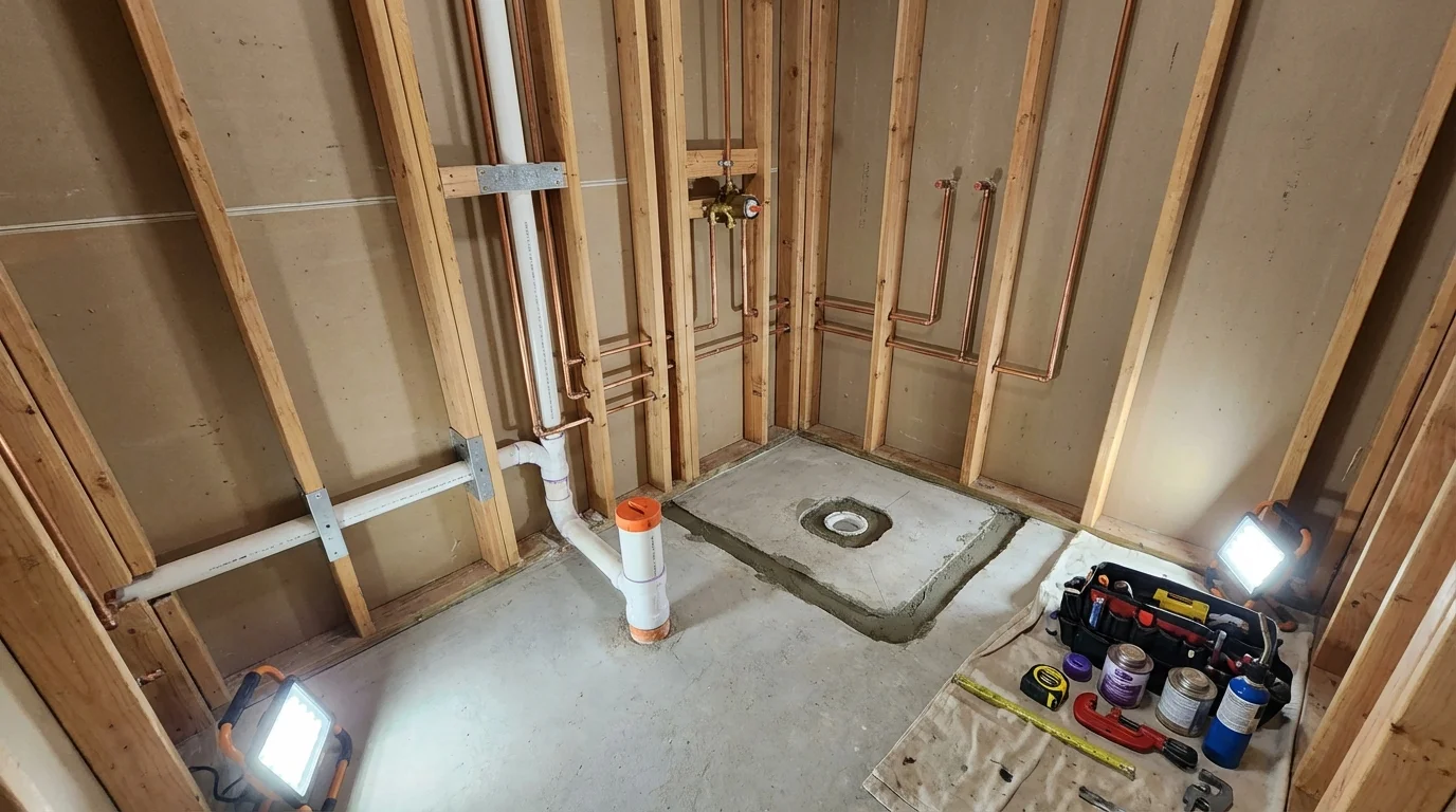 Bathroom rough-in plumbing during remodel by Johns Plumbing LLC in Delafield