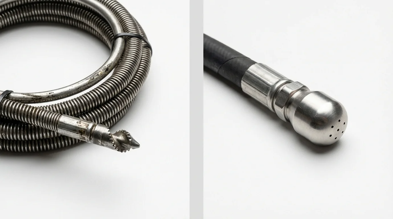 Drain snake cable and hydro jetting nozzle used for drain cleaning in Delafield, WI