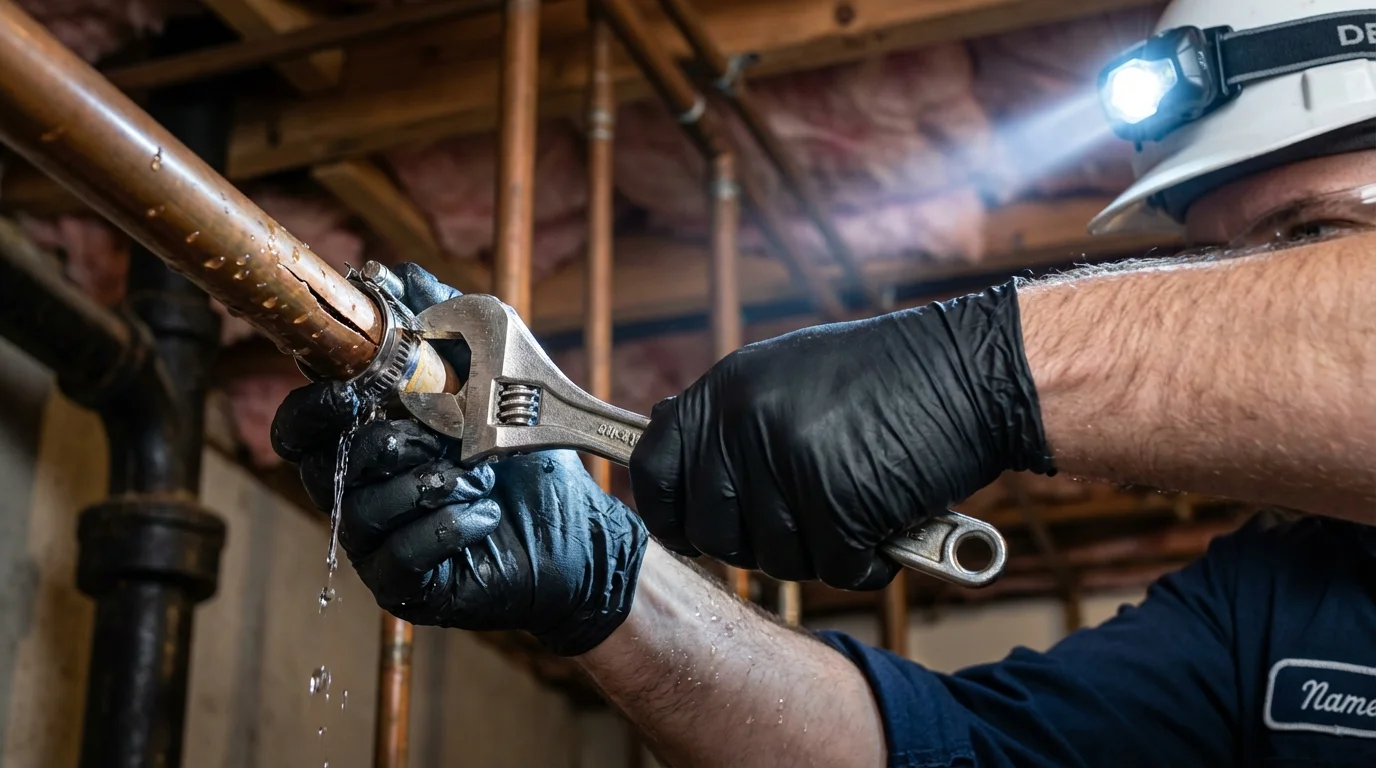 Emergency pipe clamp repair being performed by a Johns Plumbing LLC plumber in Delafield