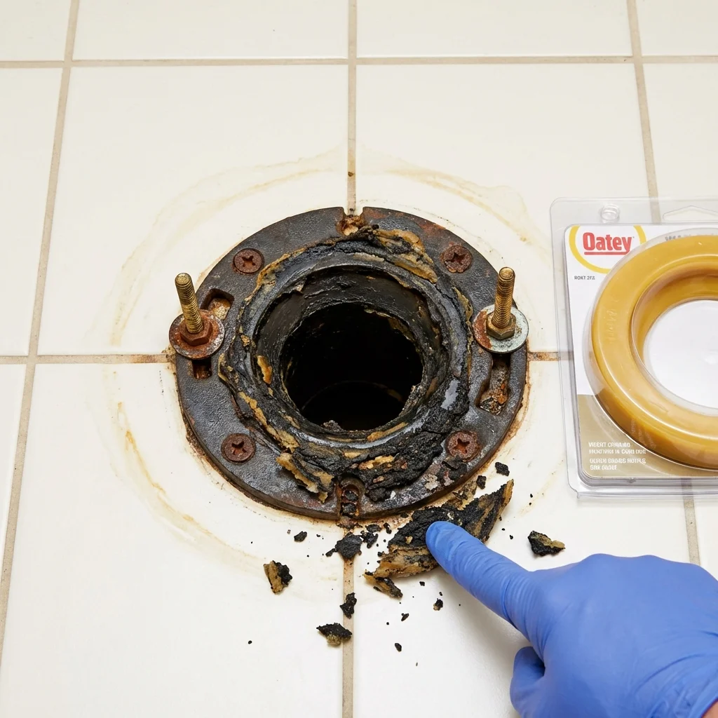 Failed wax ring showing water seepage at the base of a toilet in a Delafield, WI home