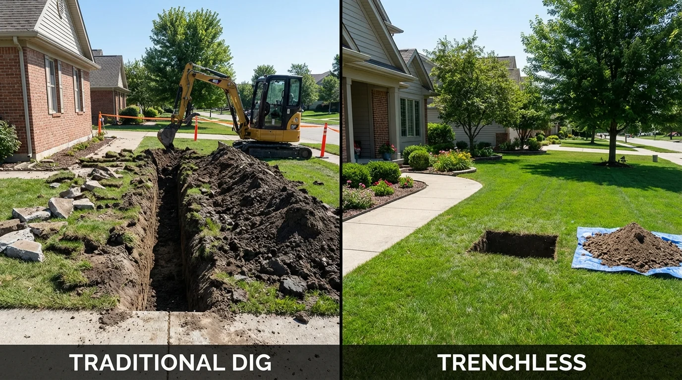 Trenchless sewer repair with minimal yard damage versus traditional excavation in Delafield, WI