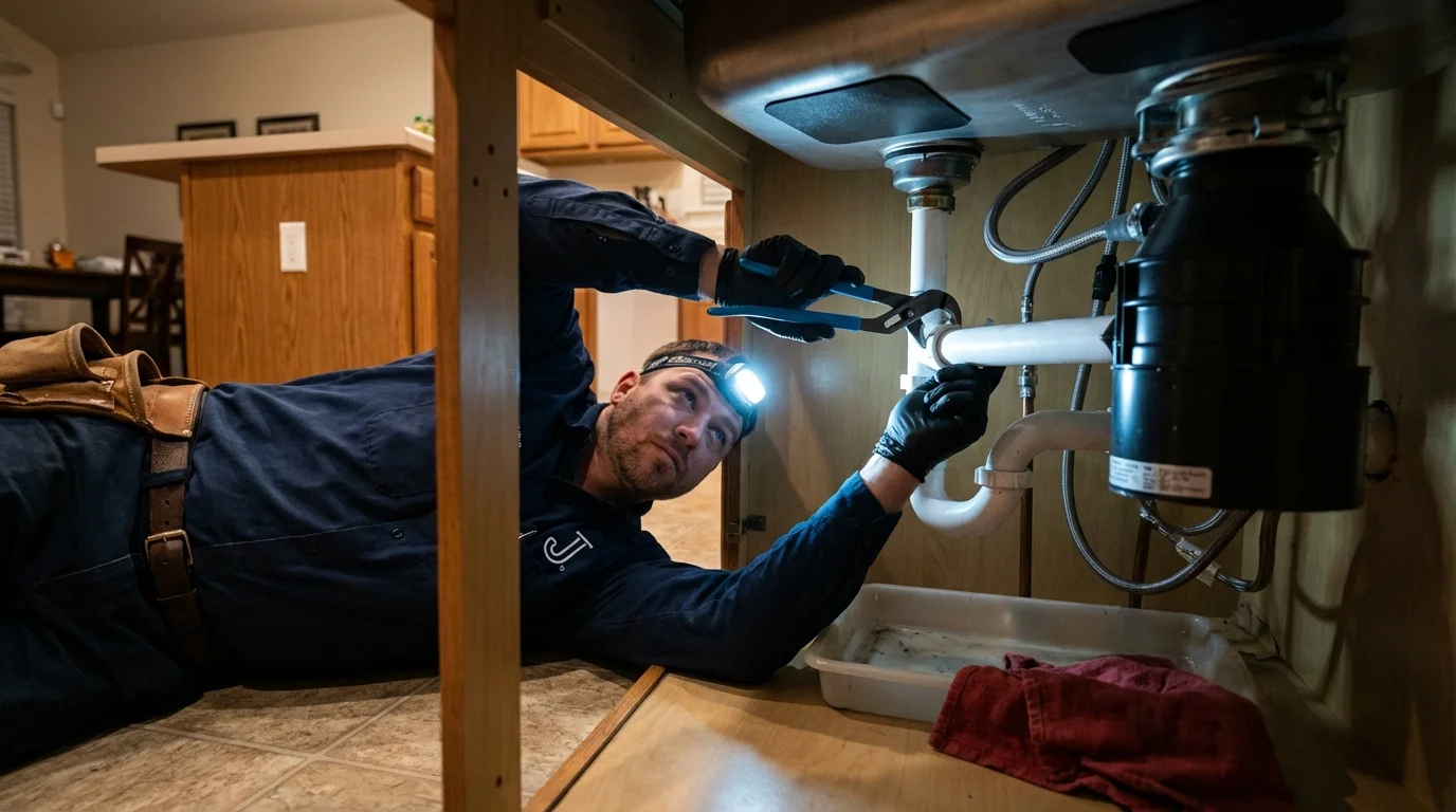 P-trap and supply line connections under a kitchen sink showing a common leak point in Delafield, WI